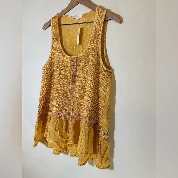 Anthropologie Eri + Ali Ruffle Hem Crochet yellow Size L Sleeveless Top NWT - Picture 3 of 8